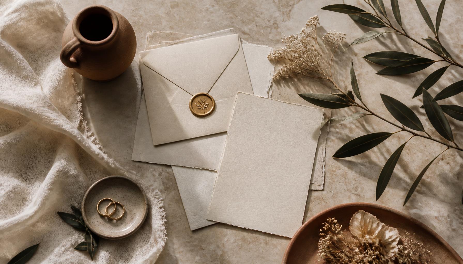 Hochzeitspapeterie mit Wachssiegel, Olivenzweigen und Eheringen