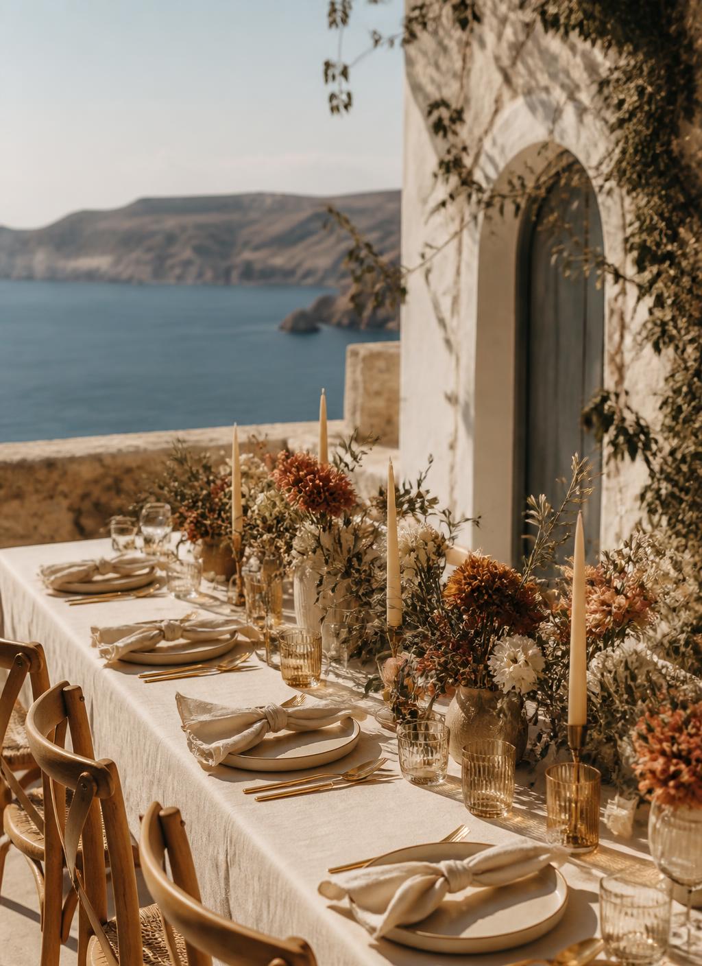 Festlich gedeckte Hochzeitstafel auf einer Terrasse über einer griechischen Bucht